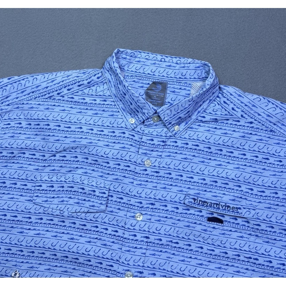 Vineyard Vines Harbor Shirt Mens XL Sea Blue Fish Hook AOP Outdoors Vented Dad